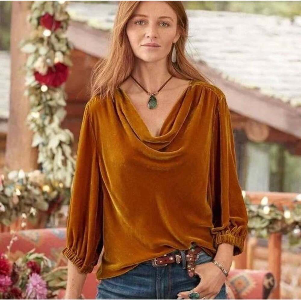 Sundance Golden Velvet Cowl Neck Long Sleeve Top Blouse Mustard Gold Size S